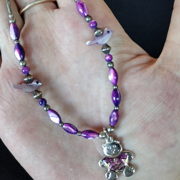 Purple Beaded Necklace with Teddy Bear Pendant - Picture 6 of 8